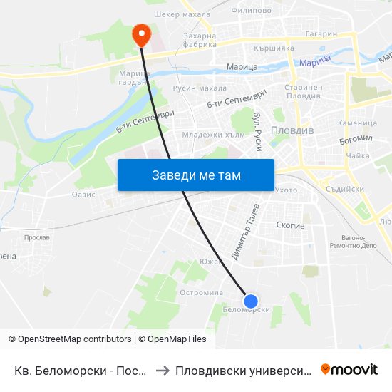 Кв. Беломорски - Последна / Belomorski Qr - Last Stop (1014) to Пловдивски университет "Паисий Хилендарски" - Нова сграда map