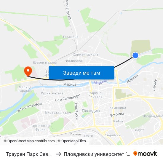 Траурен Парк Север / North Cemetery (1019) to Пловдивски университет "Паисий Хилендарски" - Нова сграда map