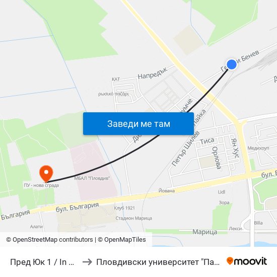 Пред Юк 1 / In Front Of Yuk 1 (460) to Пловдивски университет "Паисий Хилендарски" - Нова сграда map