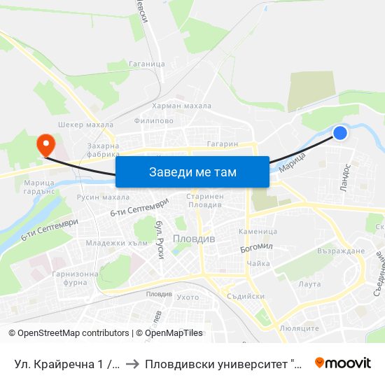 Ул. Крайречна 1 / Krayrechna St. 1 (4009) to Пловдивски университет "Паисий Хилендарски" - Нова сграда map