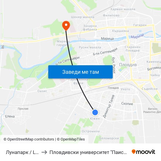 Лунапарк / Lunapark (319) to Пловдивски университет "Паисий Хилендарски" - Нова сграда map