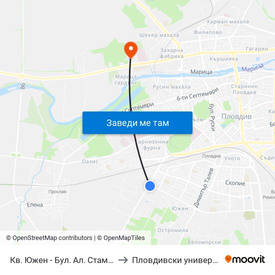 Кв. Южен - Бул. Ал. Стамболийски / Yuzhen Qr - Al. Stamboliyski Blvd (1015) to Пловдивски университет "Паисий Хилендарски" - Нова сграда map