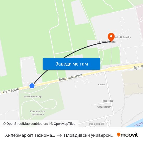 Хипермаркет Техномаркет / Technomarket Hypermarket (336) to Пловдивски университет "Паисий Хилендарски" - Нова сграда map