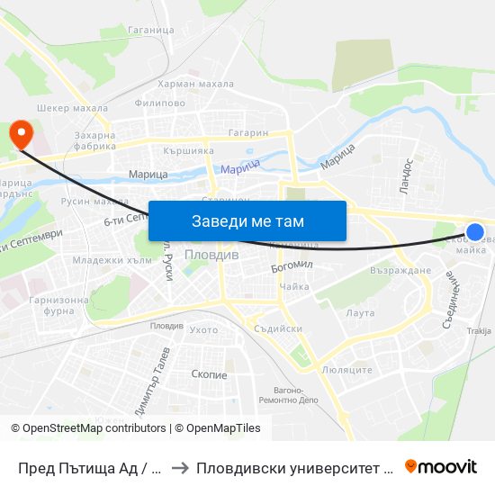 Пред Пътища Ад / In Front Of Patishta Ad (355) to Пловдивски университет "Паисий Хилендарски" - Нова сграда map