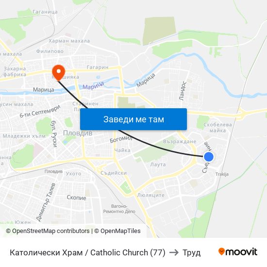 Католически Храм / Catholic Church (77) to Труд map