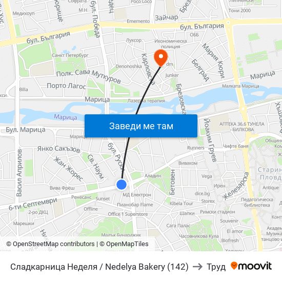 Сладкарница Неделя / Nedelya Bakery (142) to Труд map