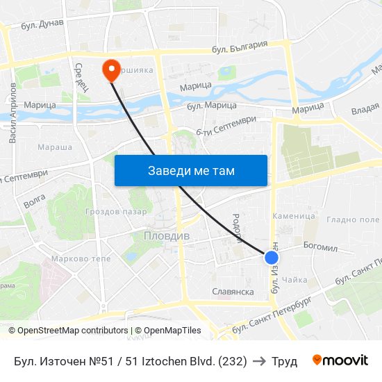 Бул. Източен №51 / 51 Iztochen Blvd. (232) to Труд map