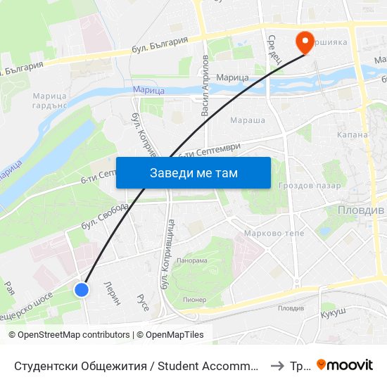 Студентски Общежития / Student Accommodation (389) to Труд map