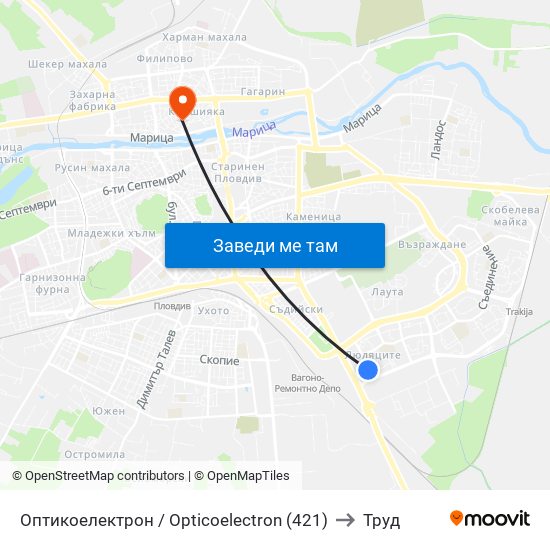 Оптикоелектрон / Opticoelectron (421) to Труд map