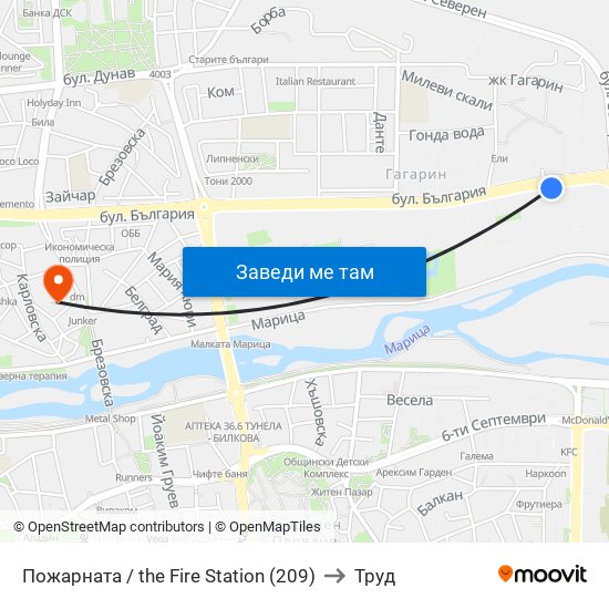 Пожарната / the Fire Station (209) to Труд map