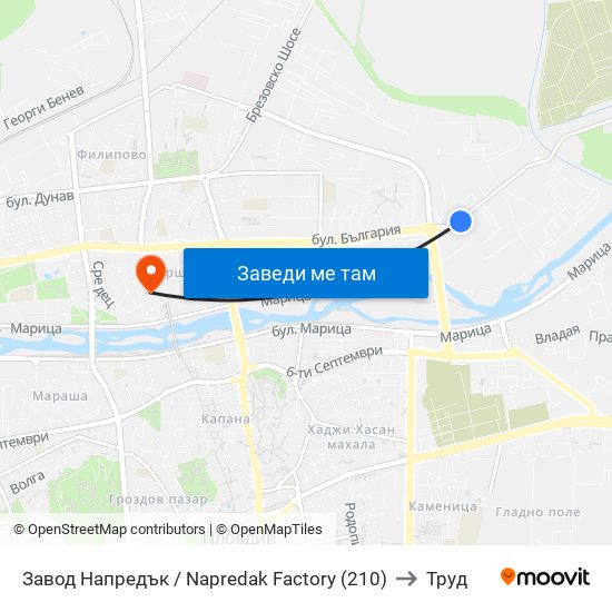 Завод Напредък / Napredak Factory (210) to Труд map