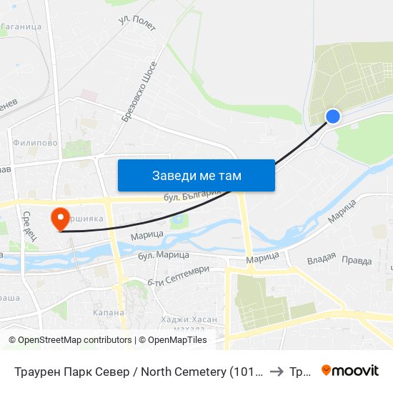 Траурен Парк Север / North Cemetery (1019) to Труд map