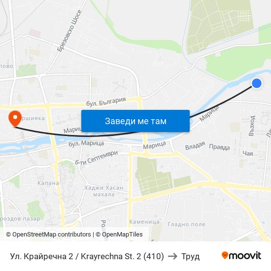 Ул. Крайречна 2 / Krayrechna St. 2 (410) to Труд map