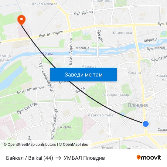 Байкал / Baikal (44) to УМБАЛ Пловдив map