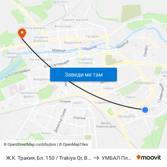 Ж.К. Тракия, Бл. 150 / Trakiya Qr, Bl. 150 (109) to УМБАЛ Пловдив map