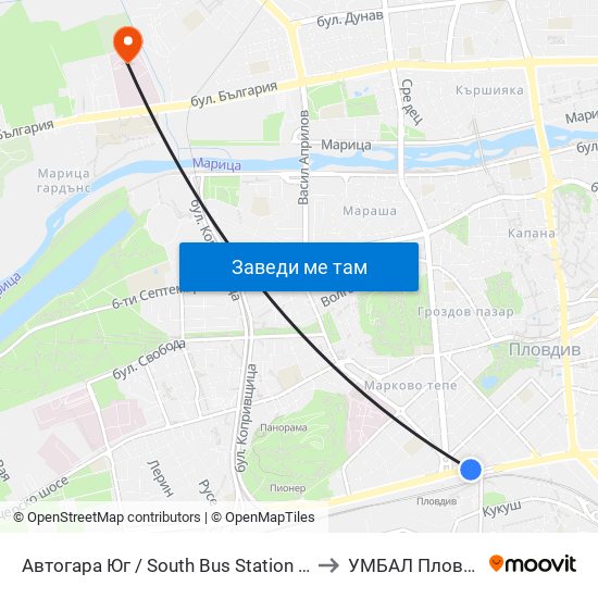 Автогара Юг / South Bus Station (187) to УМБАЛ Пловдив map