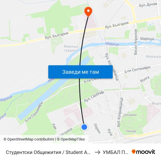 Студентски Общежития / Student Accommodation (389) to УМБАЛ Пловдив map