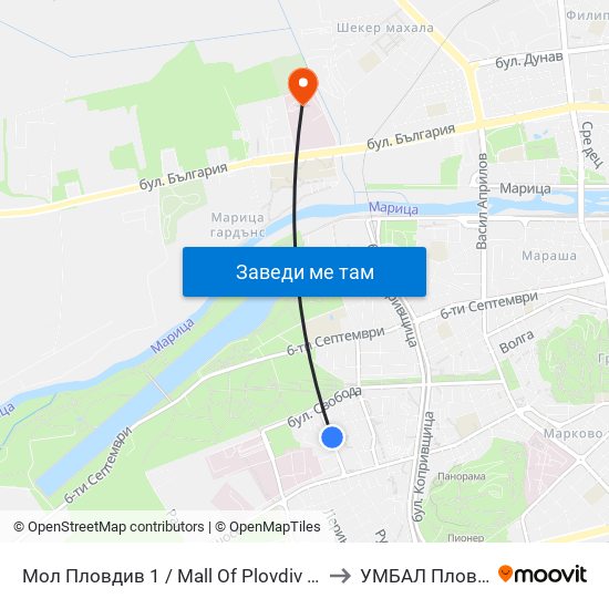 Мол Пловдив 1 / Mall Of Plovdiv 1 (315) to УМБАЛ Пловдив map