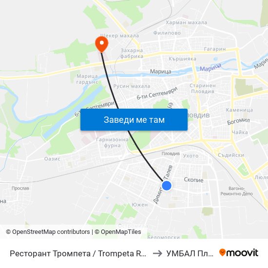 Ресторант Тромпета / Trompeta Restaurant (326) to УМБАЛ Пловдив map
