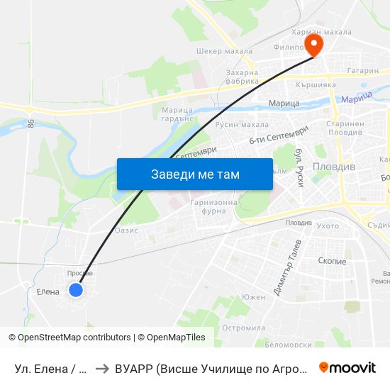 Ул. Елена / Elena St. (486) to ВУАРР (Висше Училище по Агробизнес и Развитие на Регионите) map