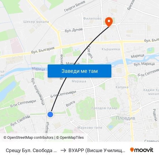 Срещу Бул. Свобода №41 / Opposite 41 Svoboda Blvd. (266) to ВУАРР (Висше Училище по Агробизнес и Развитие на Регионите) map