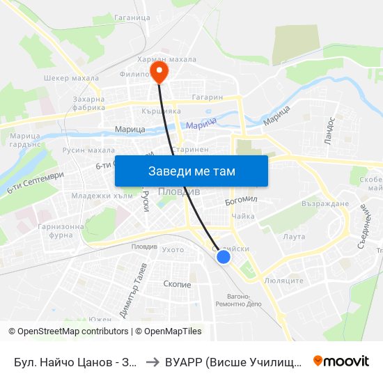 Бул. Найчо Цанов - Запад / Naycho Tsanov Blvd - West (102) to ВУАРР (Висше Училище по Агробизнес и Развитие на Регионите) map