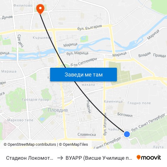 Стадион Локомотив / Lokomotiv Stadium (234) to ВУАРР (Висше Училище по Агробизнес и Развитие на Регионите) map