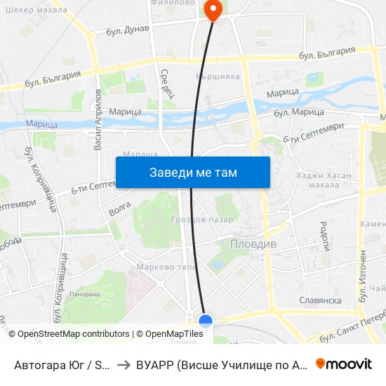 Автогара Юг / South Bus Station (187) to ВУАРР (Висше Училище по Агробизнес и Развитие на Регионите) map