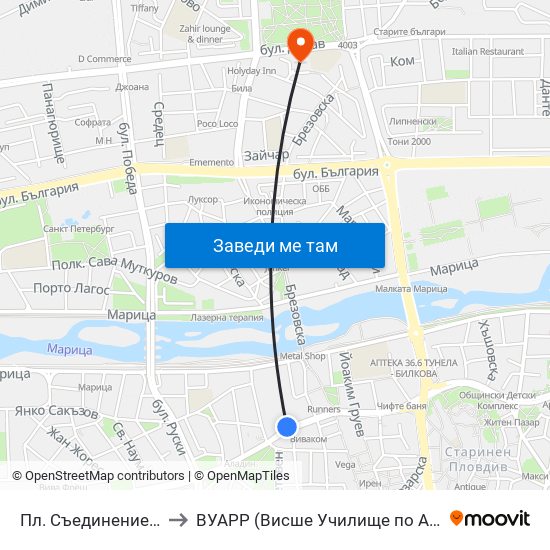 Пл. Съединение / Saedinenie Sq. (141) to ВУАРР (Висше Училище по Агробизнес и Развитие на Регионите) map