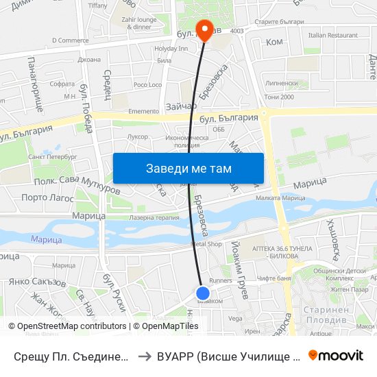 Срещу Пл. Съединение / Opposite Saedinenie Sq. (118) to ВУАРР (Висше Училище по Агробизнес и Развитие на Регионите) map