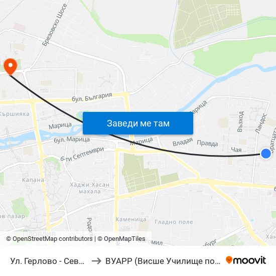 Ул. Герлово - Север / Gerlovo St - North (430) to ВУАРР (Висше Училище по Агробизнес и Развитие на Регионите) map