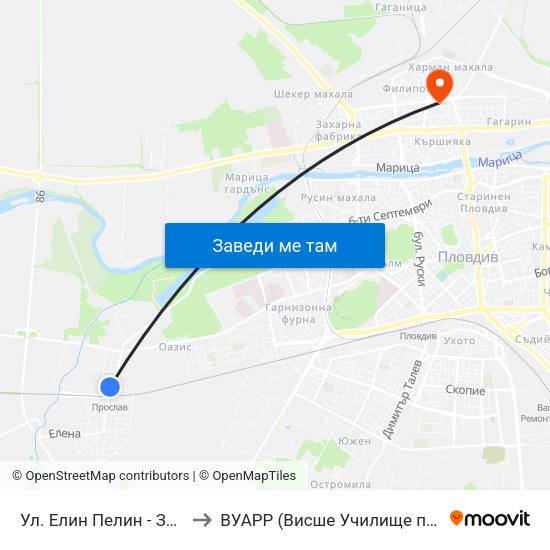 Ул. Елин Пелин - Запад / Elin Pelin St. - West (396) to ВУАРР (Висше Училище по Агробизнес и Развитие на Регионите) map