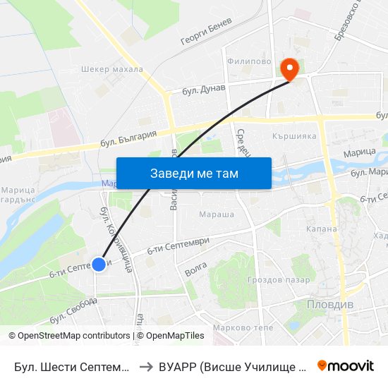 Бул. Шести Септември / Shesti Septemvri Blvd. (314) to ВУАРР (Висше Училище по Агробизнес и Развитие на Регионите) map