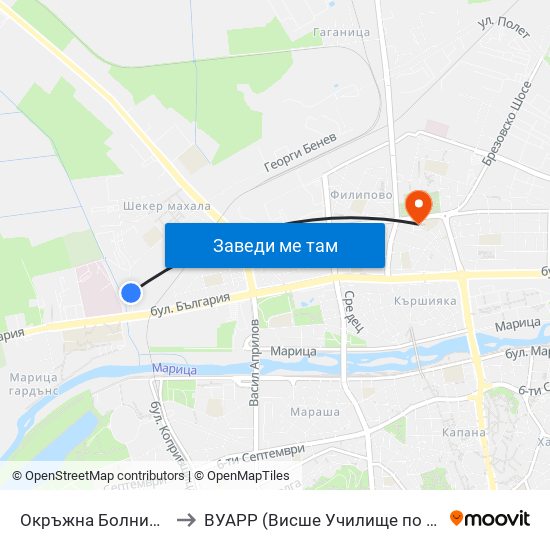 Окръжна Болница / County Hospital (271) to ВУАРР (Висше Училище по Агробизнес и Развитие на Регионите) map