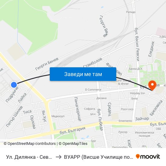 Ул. Дилянка - Север / Dilyanka St - North (269) to ВУАРР (Висше Училище по Агробизнес и Развитие на Регионите) map