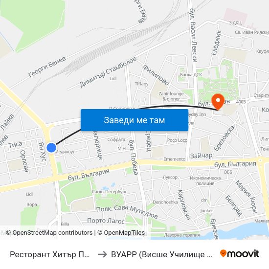 Ресторант Хитър Петър / Hitar Petar Restaurant (452) to ВУАРР (Висше Училище по Агробизнес и Развитие на Регионите) map