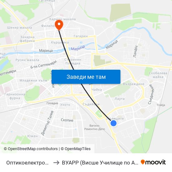 Оптикоелектрон / Opticoelectron (421) to ВУАРР (Висше Училище по Агробизнес и Развитие на Регионите) map