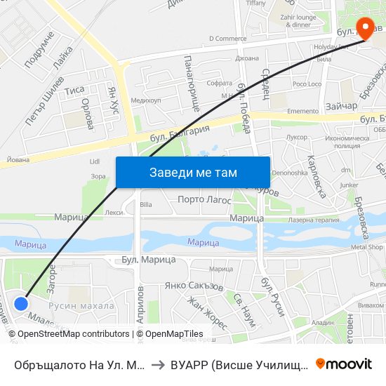 Обръщалото На Ул. Младежка / Mladezhka St. Turn Spot (1022) to ВУАРР (Висше Училище по Агробизнес и Развитие на Регионите) map