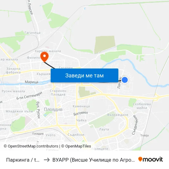 Паркинга / the Parking (159) to ВУАРР (Висше Училище по Агробизнес и Развитие на Регионите) map