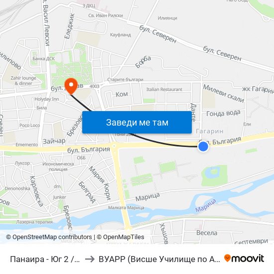 Панаира - Юг 2 / Panaira - South 2 (208) to ВУАРР (Висше Училище по Агробизнес и Развитие на Регионите) map