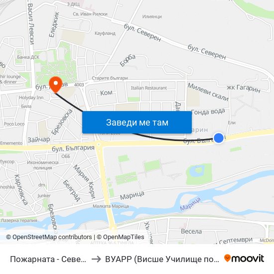 Пожарната - Север / Fire Station - North (184) to ВУАРР (Висше Училище по Агробизнес и Развитие на Регионите) map