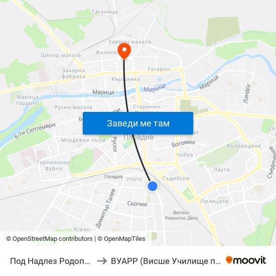 Под Надлез Родопи / under Rodopi Overpass (382) to ВУАРР (Висше Училище по Агробизнес и Развитие на Регионите) map