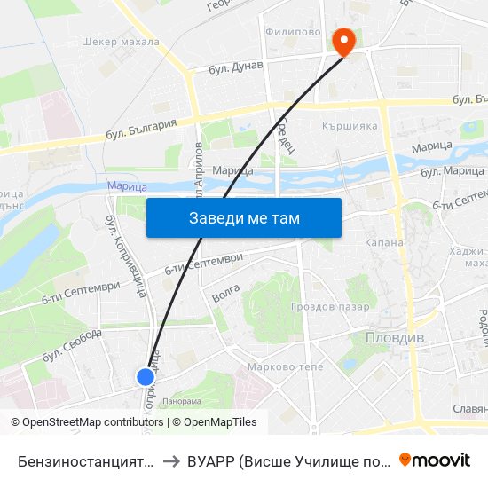 Бензиностанцията / Benzinostantsiyata (388) to ВУАРР (Висше Училище по Агробизнес и Развитие на Регионите) map