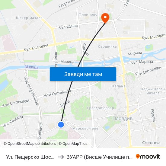 Ул. Пещерско Шосе / Peshtersko Shosse St. (170) to ВУАРР (Висше Училище по Агробизнес и Развитие на Регионите) map
