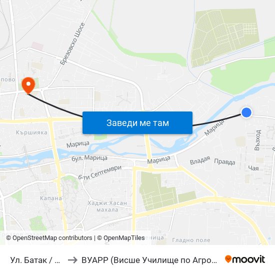 Ул. Батак / Batak St. (408) to ВУАРР (Висше Училище по Агробизнес и Развитие на Регионите) map