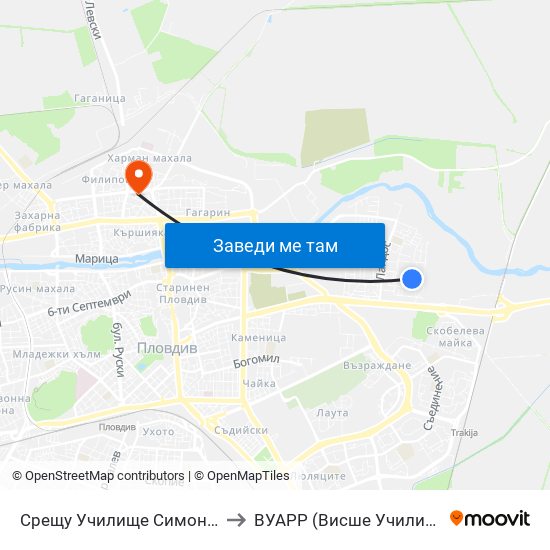 Срещу Училище Симон Боливар / Opposite Simon Bolivar School (399) to ВУАРР (Висше Училище по Агробизнес и Развитие на Регионите) map