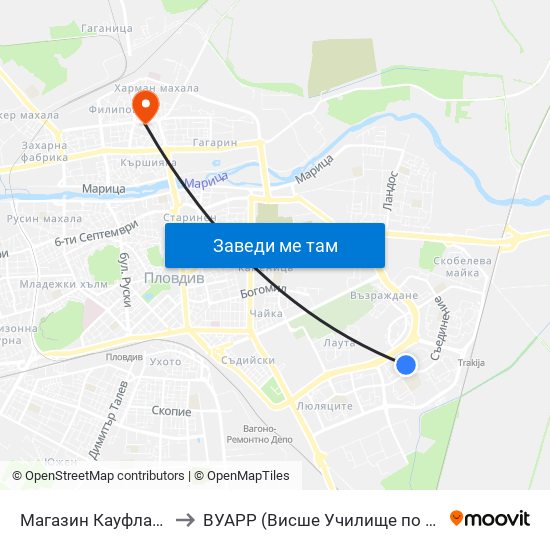 Магазин Кауфланд / Kaufland Store (391) to ВУАРР (Висше Училище по Агробизнес и Развитие на Регионите) map