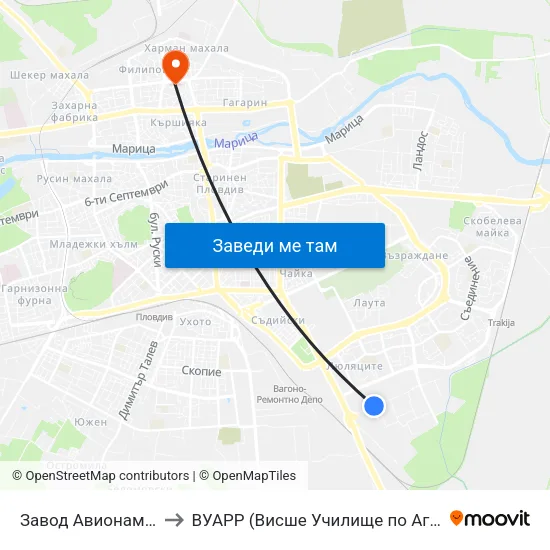 Завод Авионамс / Avionams Factory to ВУАРР (Висше Училище по Агробизнес и Развитие на Регионите) map