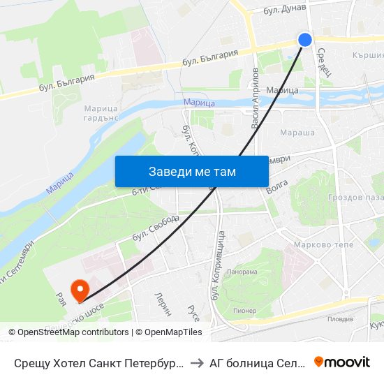 Срещу Хотел Санкт Петербург / Opposite Saint Petersburg Hotel (91) to АГ болница Селена (AG bolnitsa Selena) map