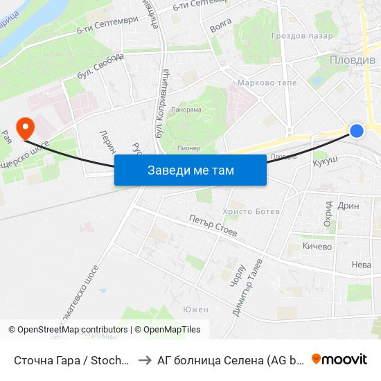Сточна Гара / Stochna Gara (43) to АГ болница Селена (AG bolnitsa Selena) map
